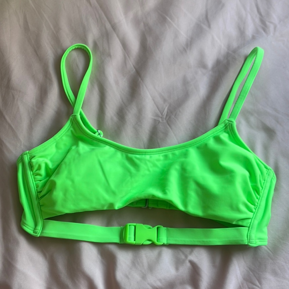 Neon green bikini top with buckle accessory